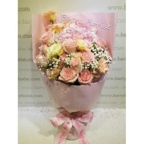 BOU 0127  10支美國玫瑰+粉繡球+桔梗+星花