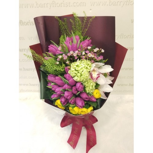 BOU 0160  紫色鬱金香30支+蕙蘭+季節性襯花