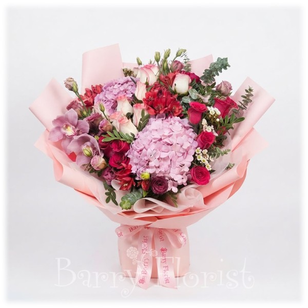 BOU 0170 愛莎玫瑰+小百合+ 粉繡球花束