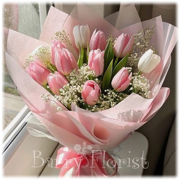 BOU 0183 Pink Tulip + Star Flower BOU 0182 Pink Rose + Multi-small Rose Bouquet