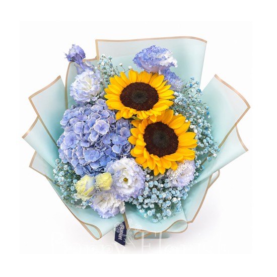 BOU 0216 向日葵+藍色繡球花束