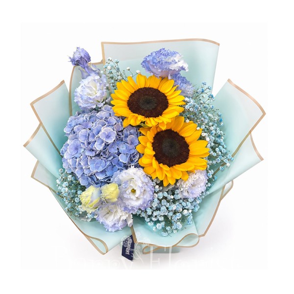BOU 0216 向日葵+藍色繡球花束
