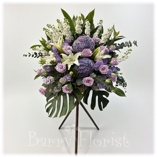 SYM 0130 紫色繡球紫玫瑰+白色百合白事花牌