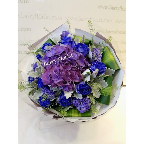 BOU 0147  荷蘭閃耀藍玫瑰10支+紫繡球1支+配花