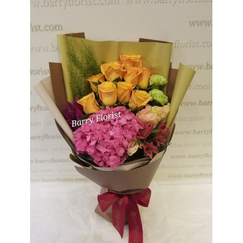 BOU 0141    10支荷蘭橙色玫瑰+1支深粉繡球+襯花